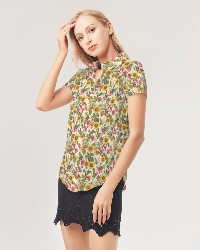 Womens Short Sleeve Button Up Shirt-Sunflower