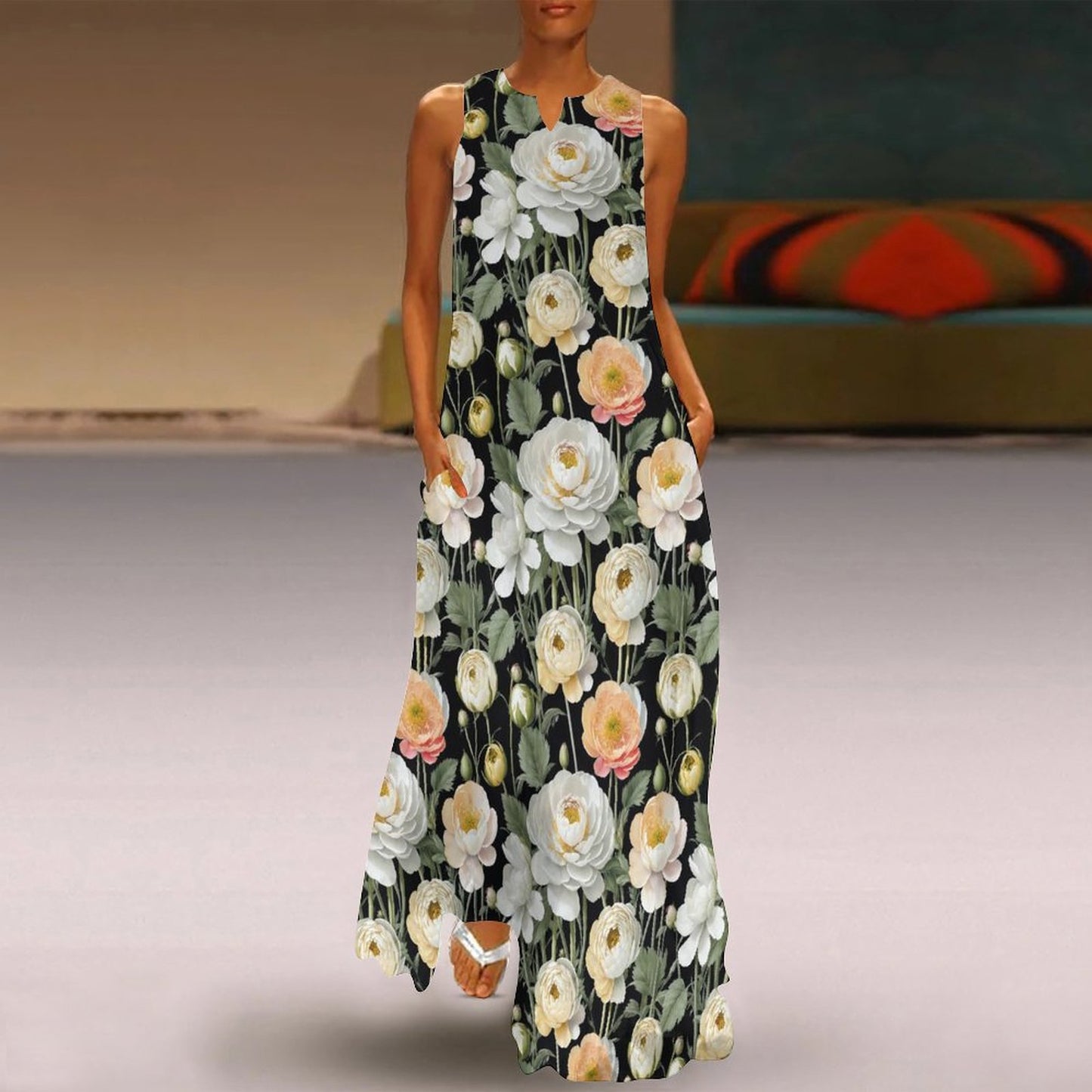 Elementologie: Art On Your Shoulders | Made-to-Order Long Dress with Pockets|Sleeveless Ankle-length Dress with Pockets