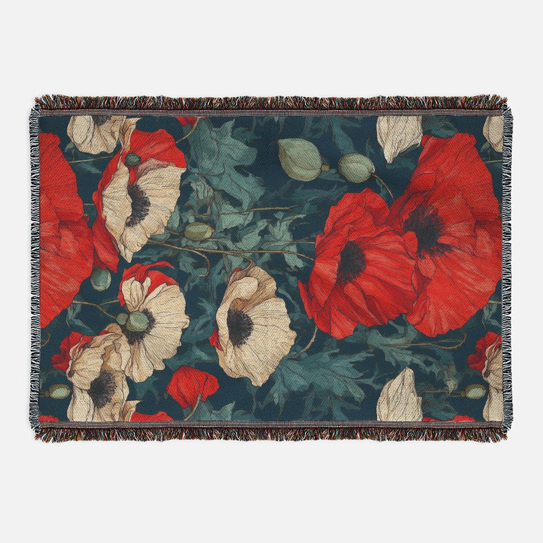 Elementologie's Artistic Fringed Jacquard Blanket | Red Poppy