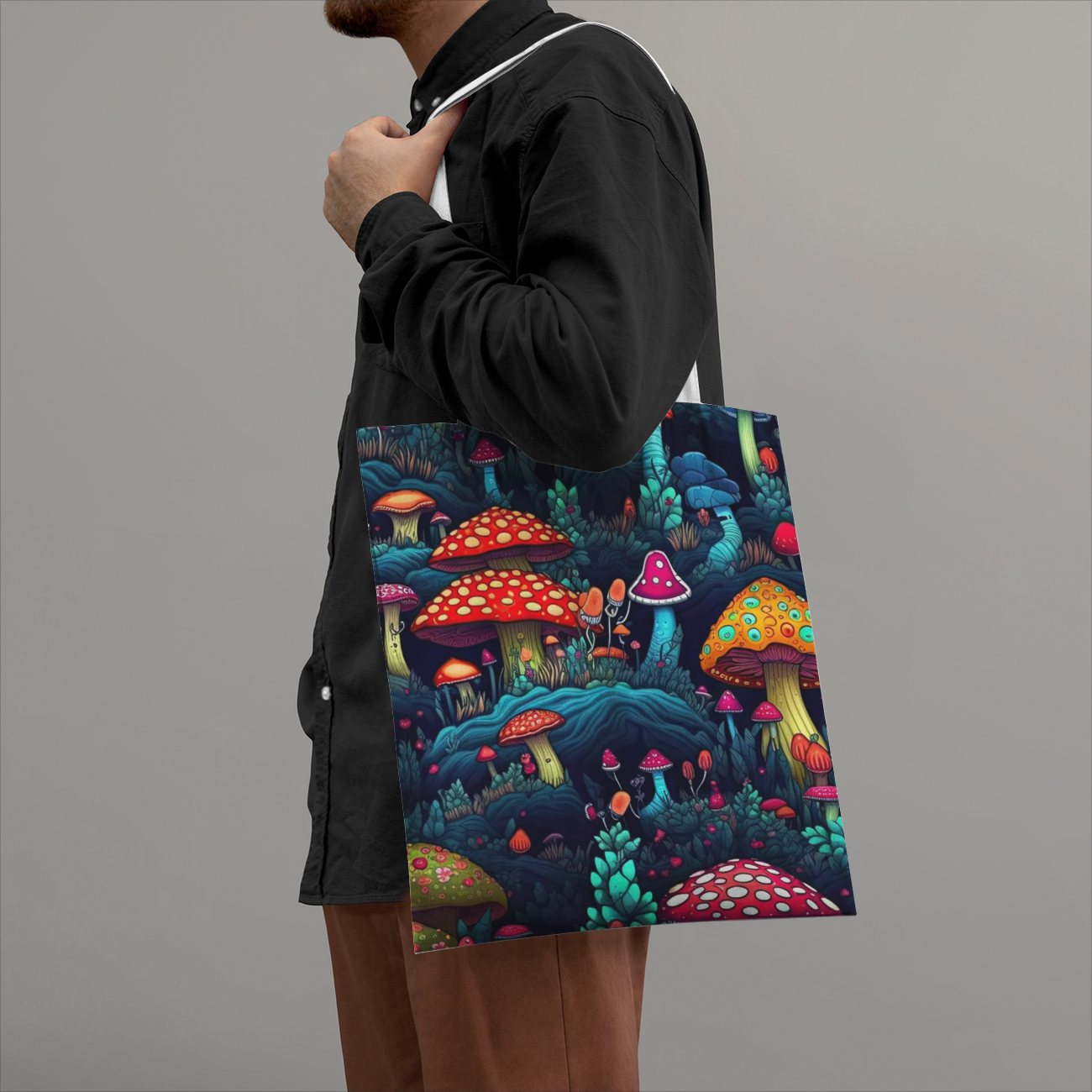 Heavy Duty and Strong Natural Canvas Tote Bags-Magical Mushrooms No.16