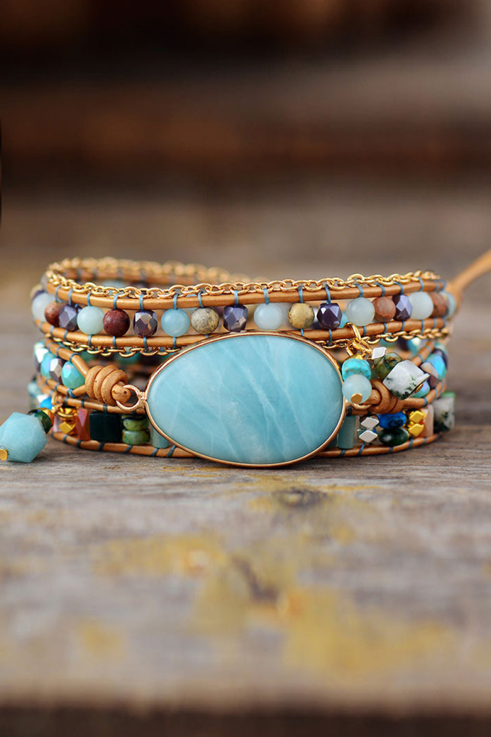 Natural Beaded Bracelet with Crystal & Jade - Triple Layer