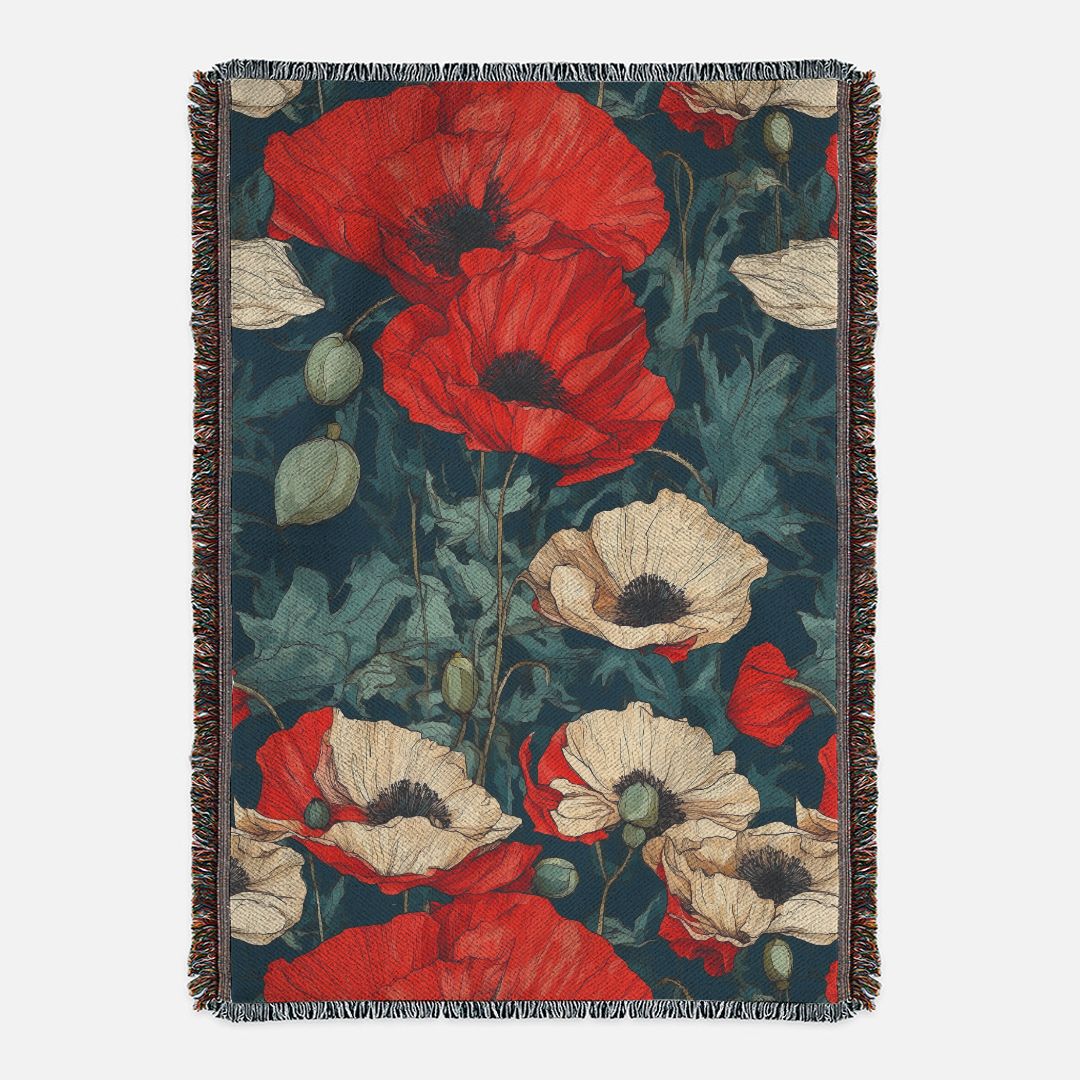 Elementologie's Artistic Fringed Jacquard Blanket | Red Poppy