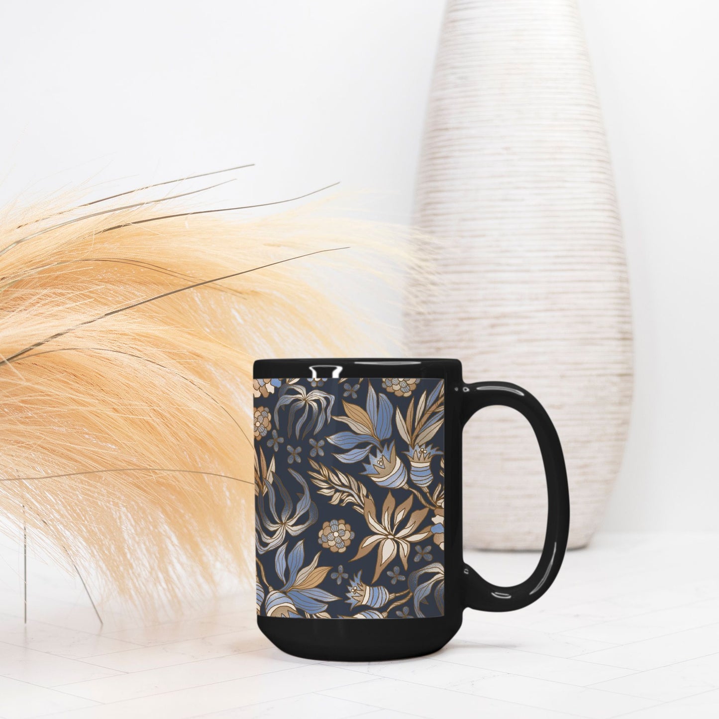 Mug Deluxe 15oz. Black-Boho Floral