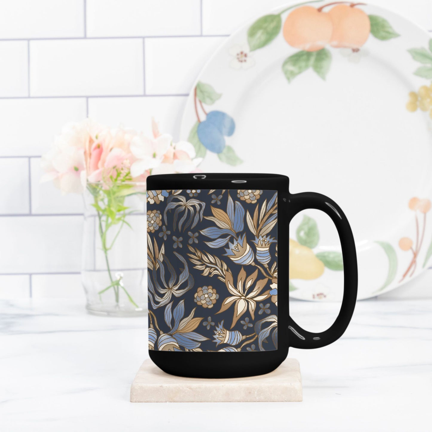 Mug Deluxe 15oz. Black-Boho Floral