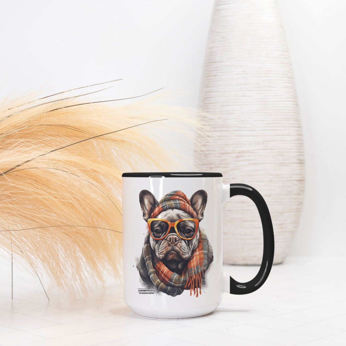 Frenchie Mug Deluxe 15oz. (Black + White)-Albert