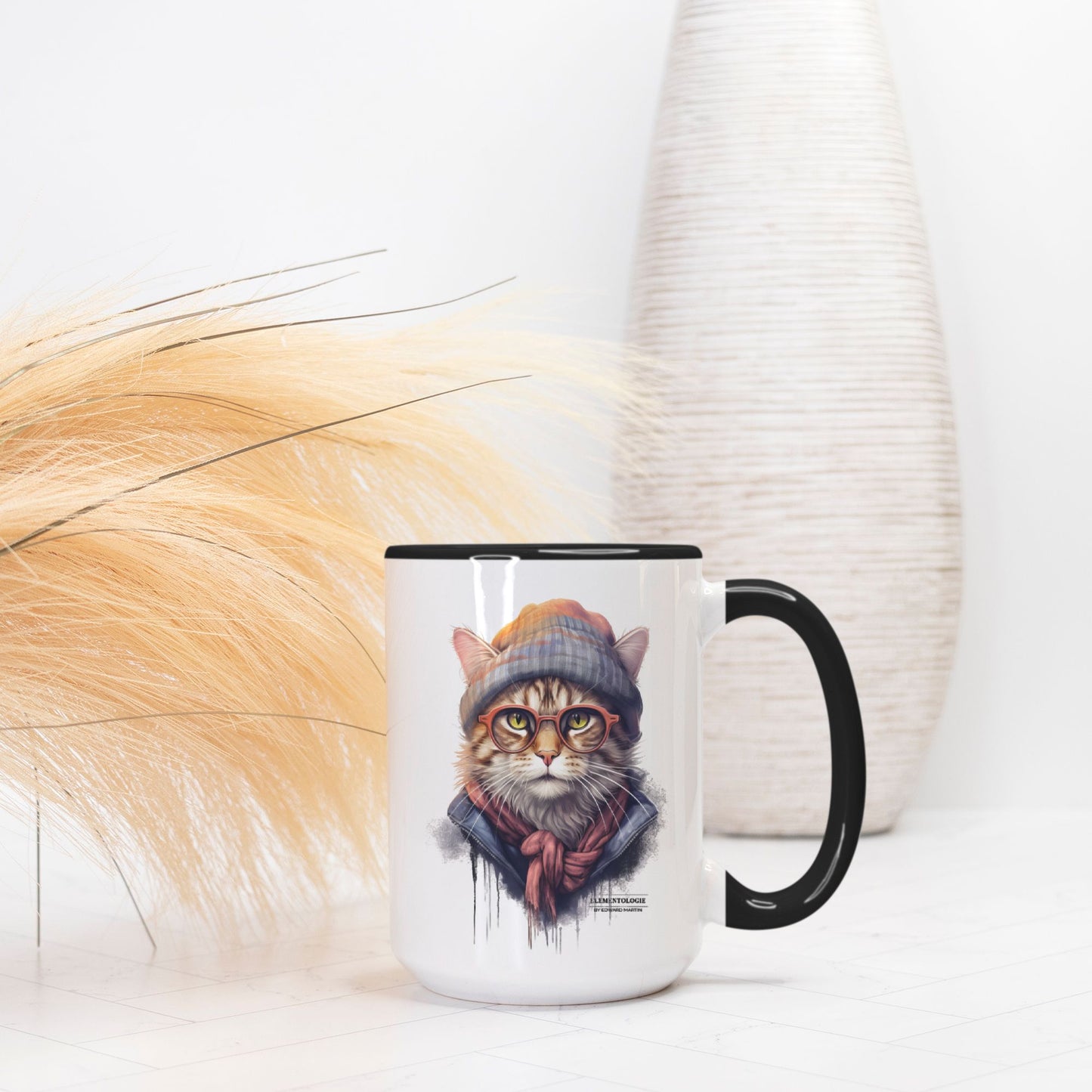 Cat Mug Deluxe 15oz. (Black + White)-Simon