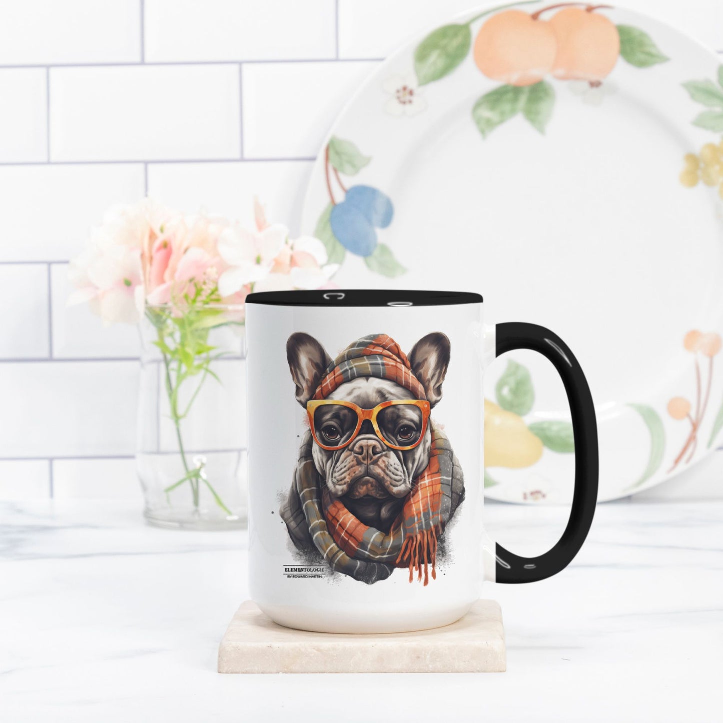 Frenchie Mug Deluxe 15oz. (Black + White)-Albert