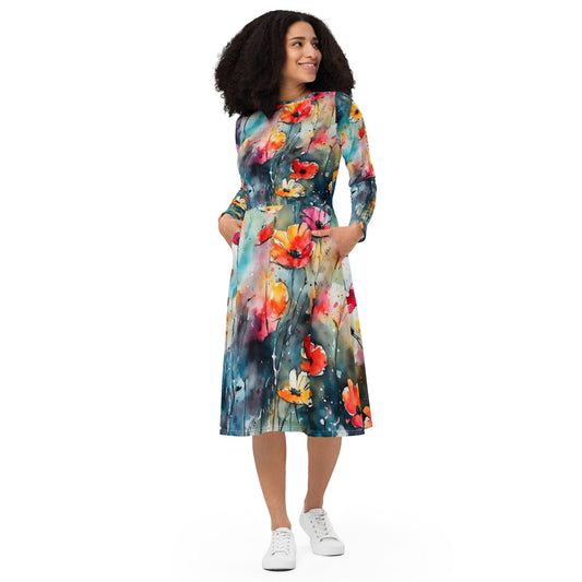 All-over print long sleeve midi dress - Premium  from Elementologie - Just $49.95! Shop now at Elementologie
