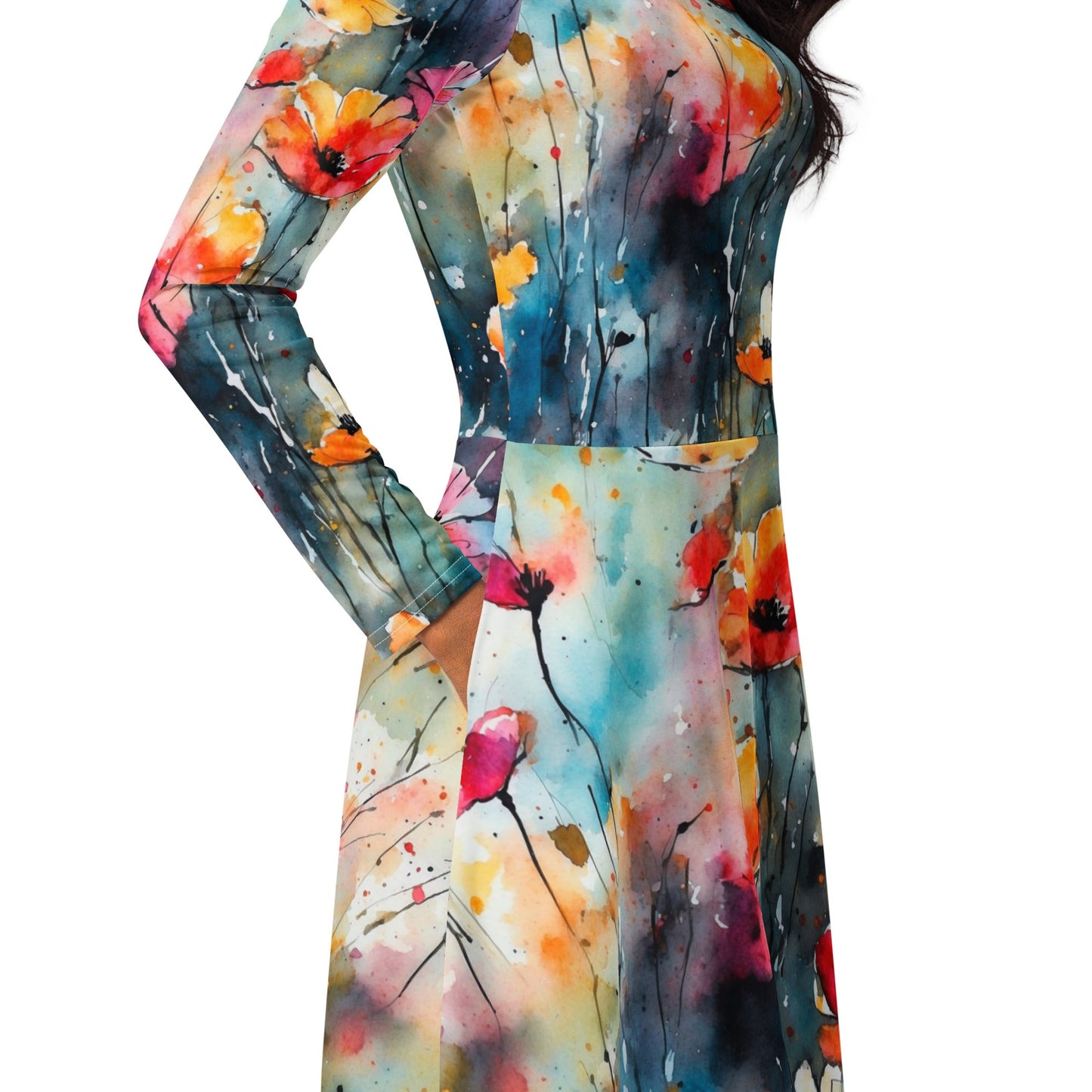 All-over print long sleeve midi dress - Premium  from Elementologie - Just $49.95! Shop now at Elementologie
