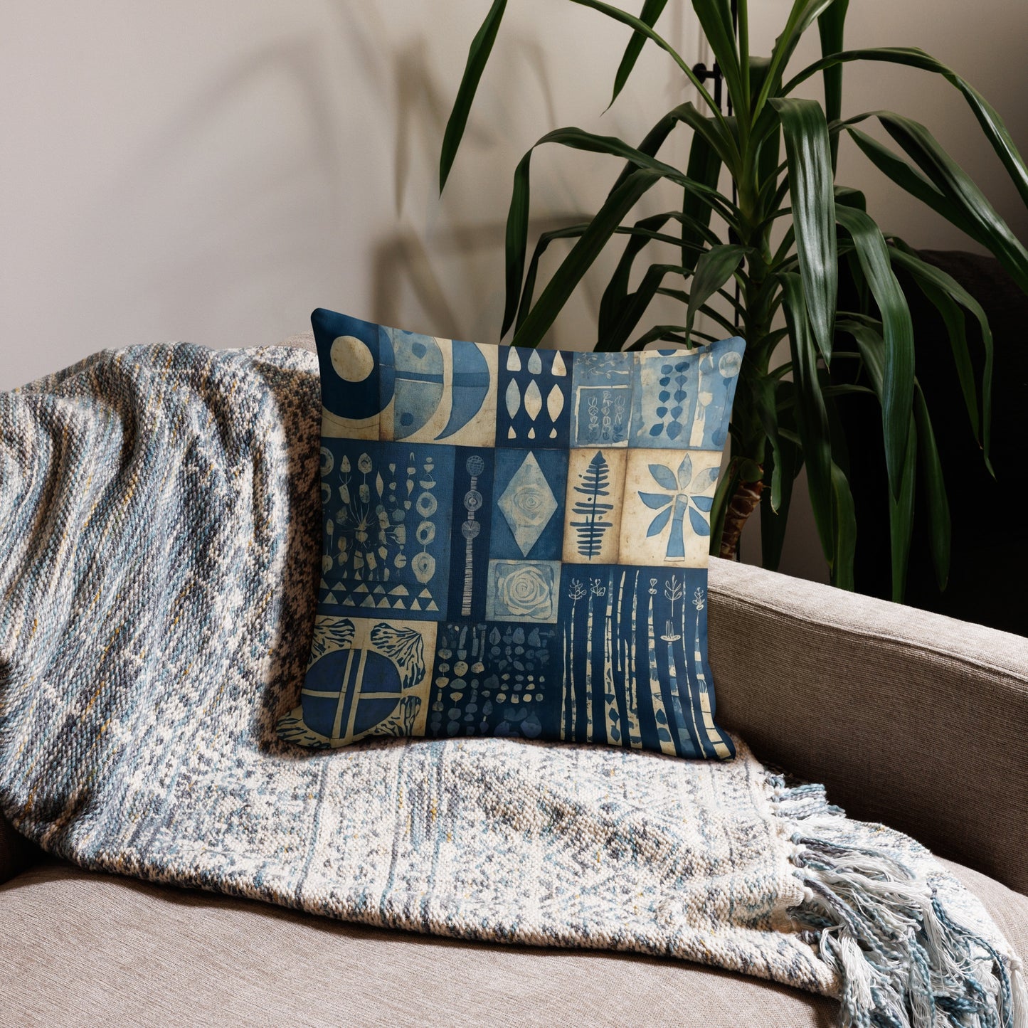 Premium Cyanotype Pattern Throw Pillow