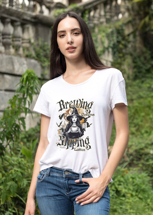 Women’s Boyfriend T-shirt-Brewing Potions & Sipping Lattes Tee