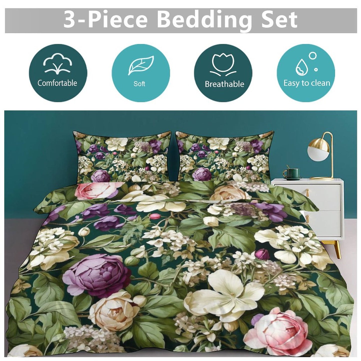 Elegant 3-Piece Bedding Set - 90"x90" Botanica Collection