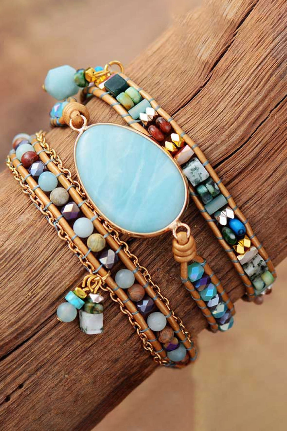 Natural Beaded Bracelet with Crystal & Jade - Triple Layer