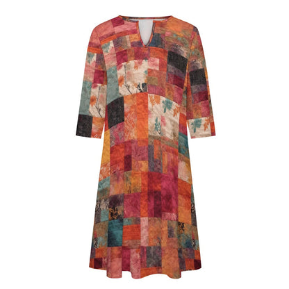 Elementologie 7-Point Sleeve Dress | Premium Polyester + Spandex Blend | Fashionable V-Neck Design | Versatile Style - Premium  from Inkedjoy - Just $36.30! Shop now at Elementologie