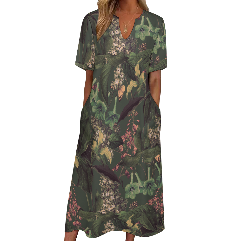 7 Point Sleeve Dress with Pockets-Verde