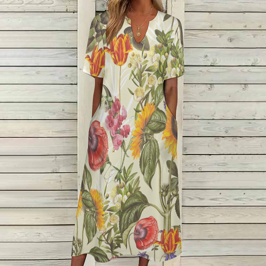 7 Point Sleeve Dress with Pockets-Sunflower