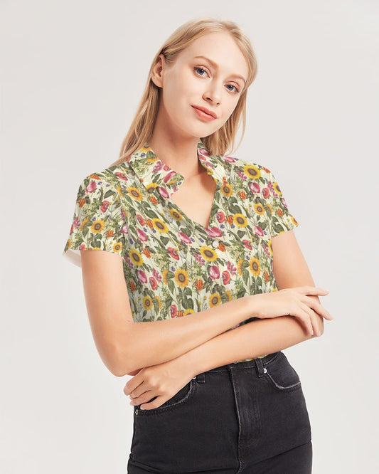Womens Short Sleeve Button Up Shirt-Sunflower