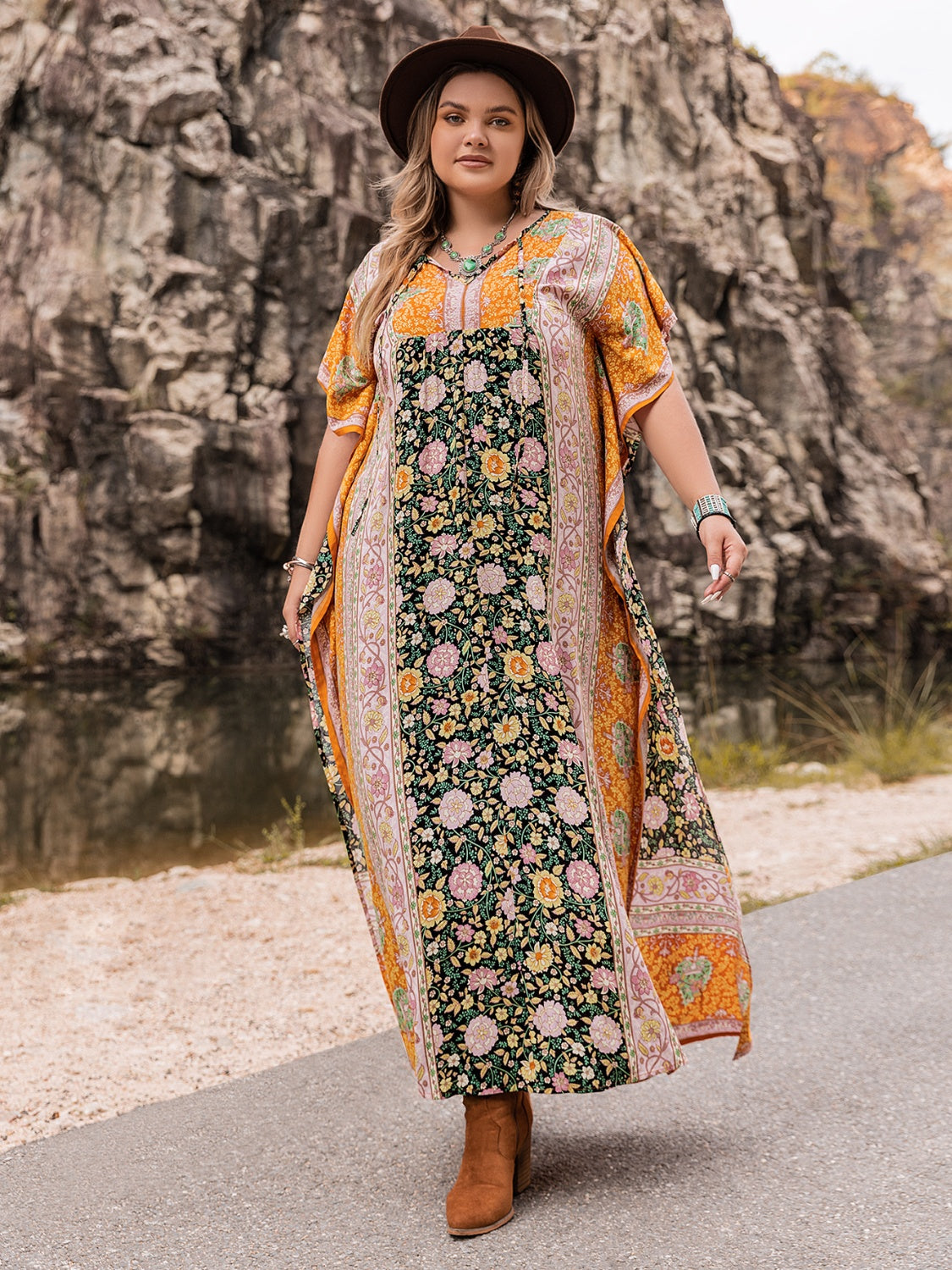 Fashion Forward Plus Size Tie Neck Maxi Dress