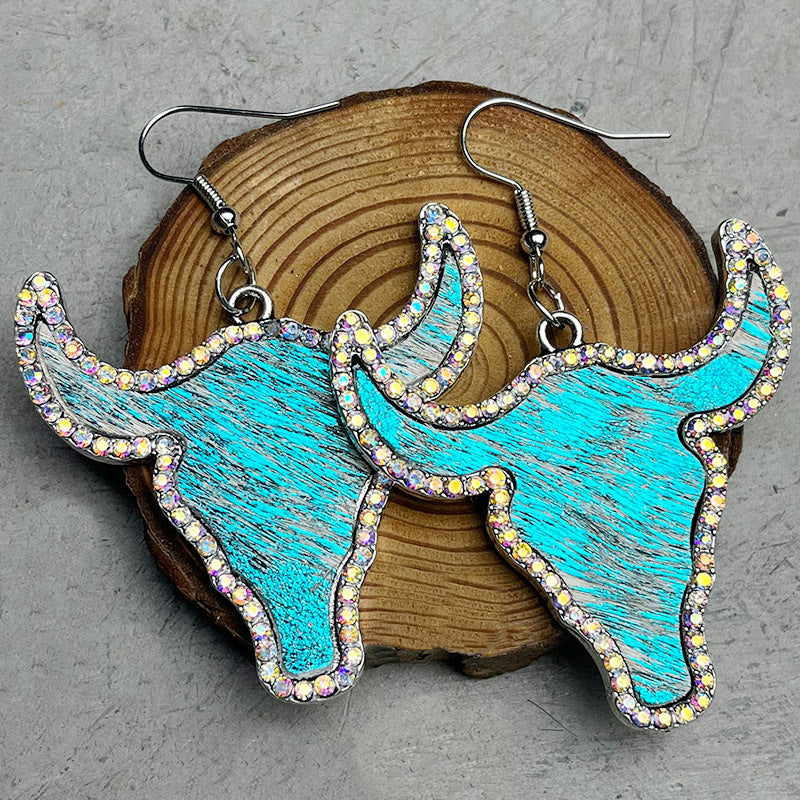 Western Style Rhinestone Bull Earrings with Cowhide Accents