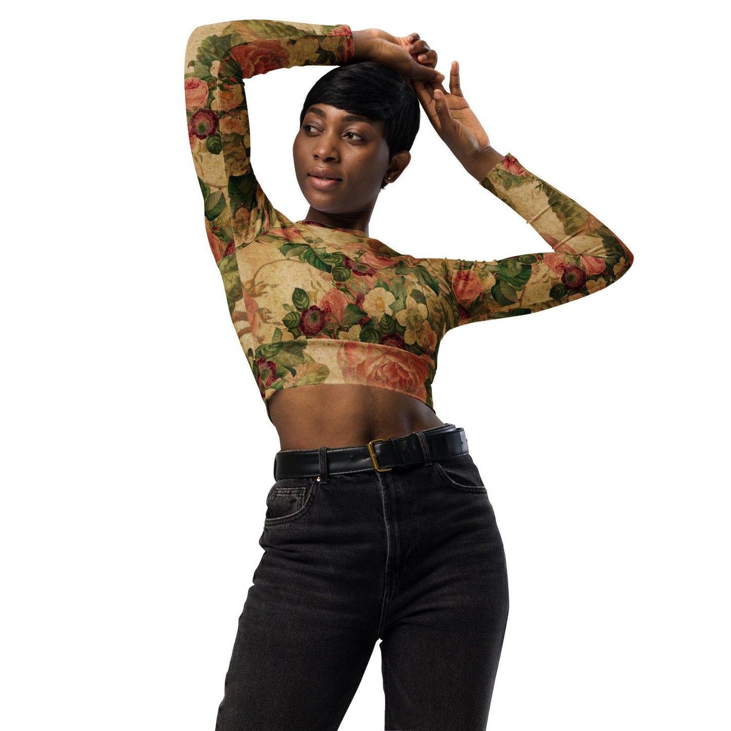 Recycled long-sleeve crop top-Vintage Garden - Elementologie