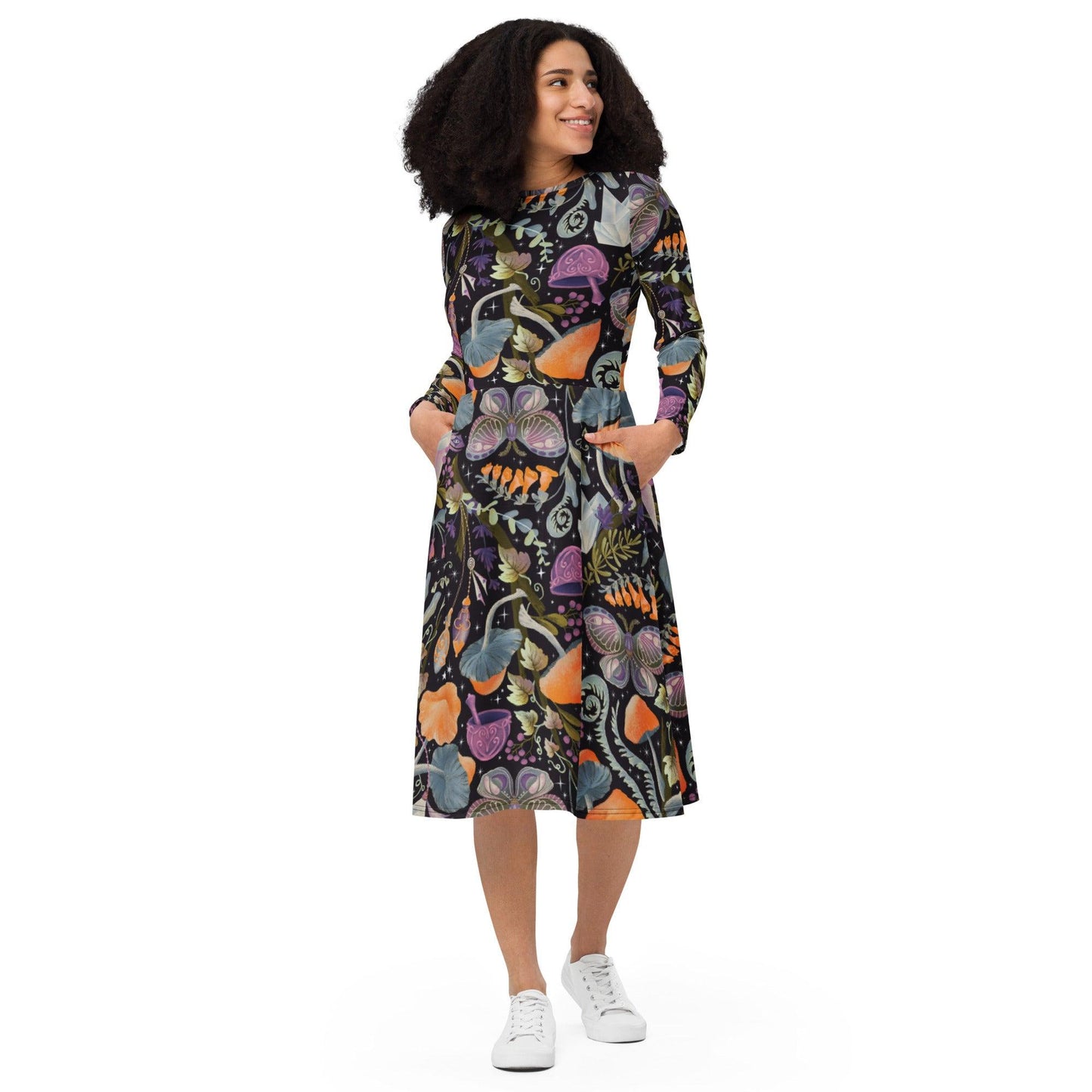 Long Sleeve Midi Dress-Mystical Garden - Elementologie