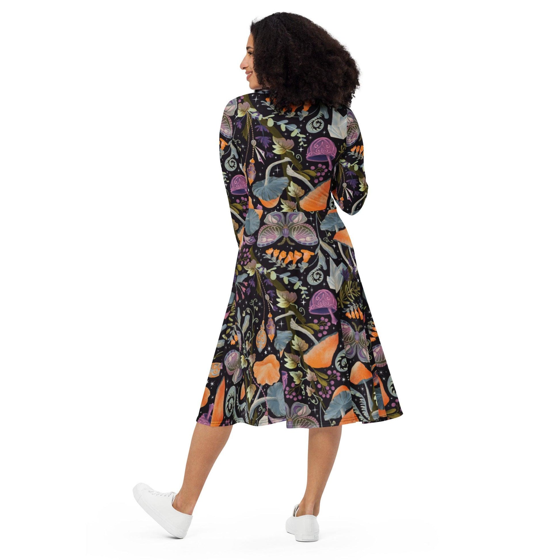 Long Sleeve Midi Dress-Mystical Garden - Elementologie