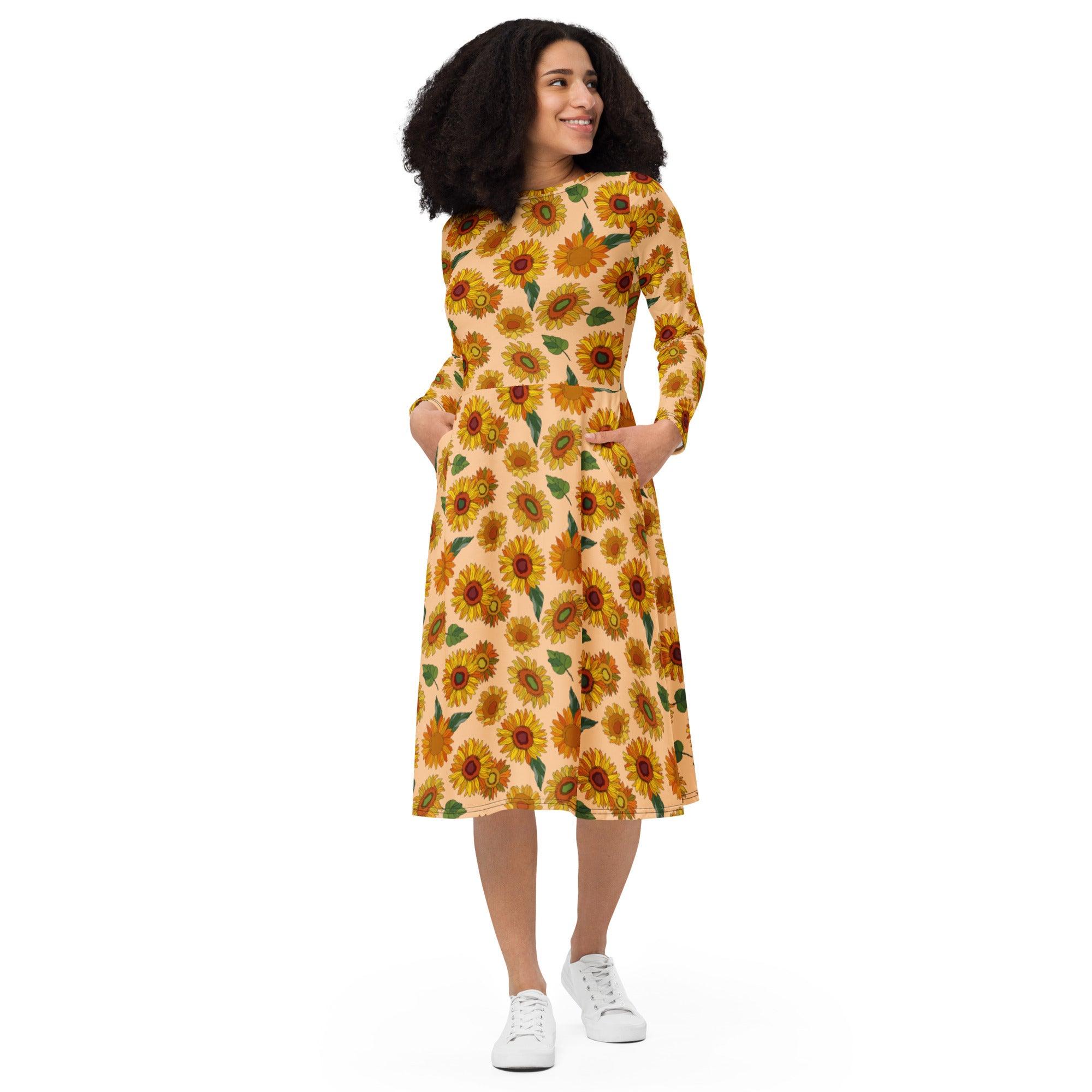 Long Sleeve Midi Dress- Sunflower - Elementologie
