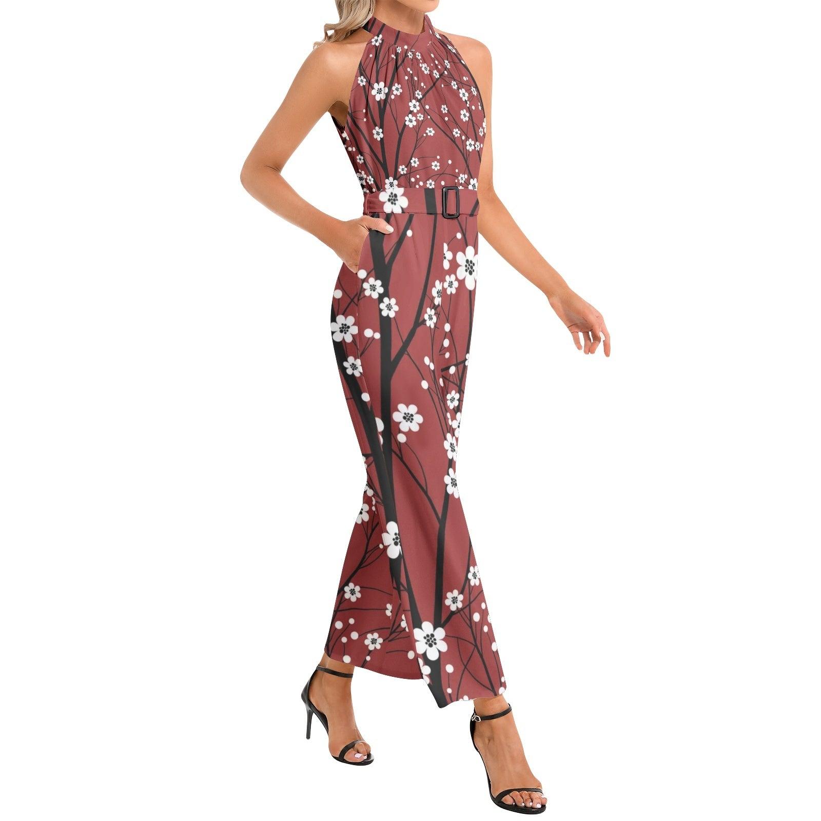 Halter Neck Buckle Belted Jumpsuit-Cherry Blossom - Elementologie