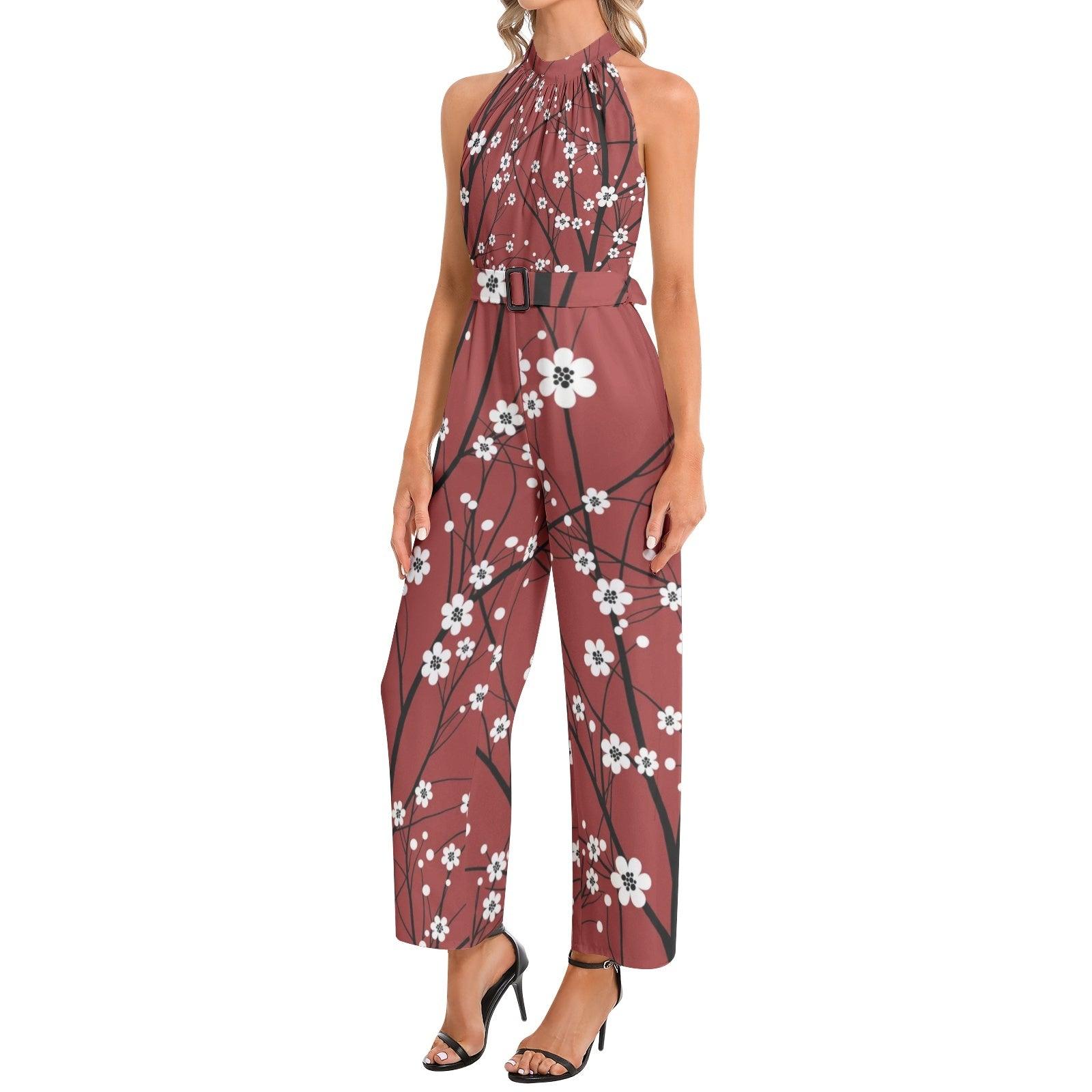 Halter Neck Buckle Belted Jumpsuit-Cherry Blossom - Elementologie