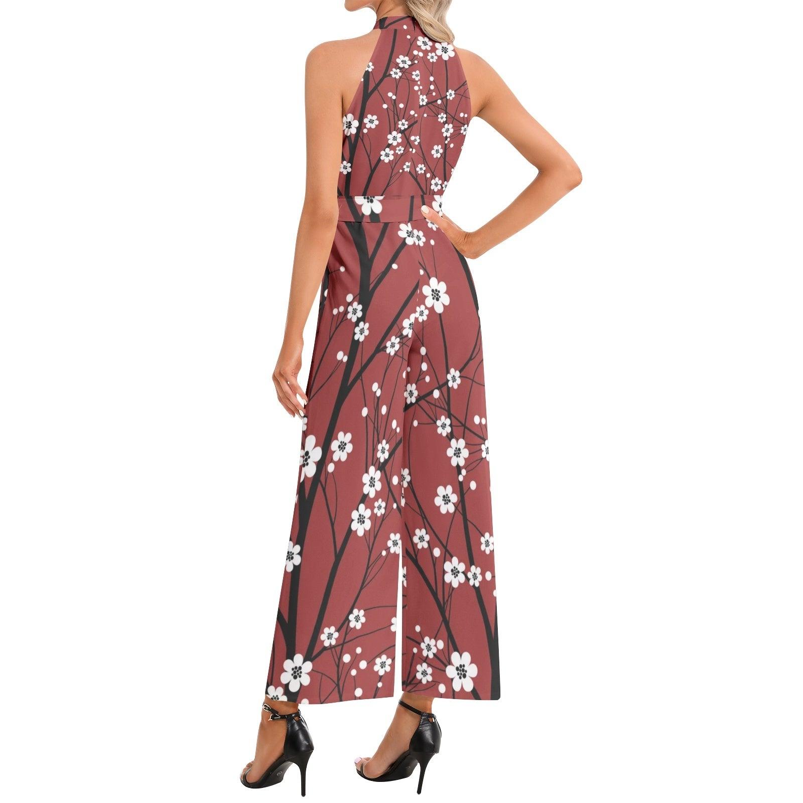 Halter Neck Buckle Belted Jumpsuit-Cherry Blossom - Elementologie