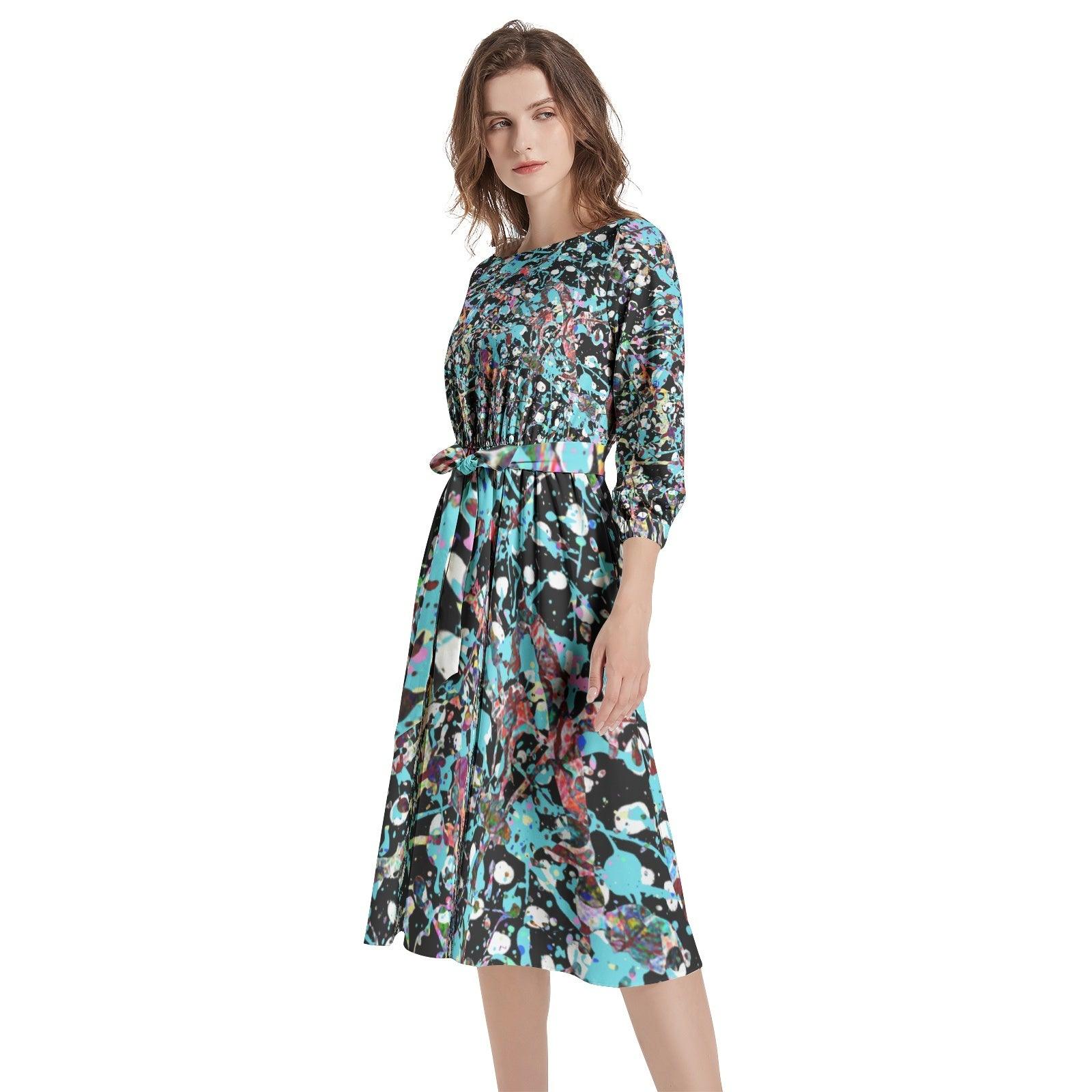 Boat Neck Belted Flared Dress - Elementologie