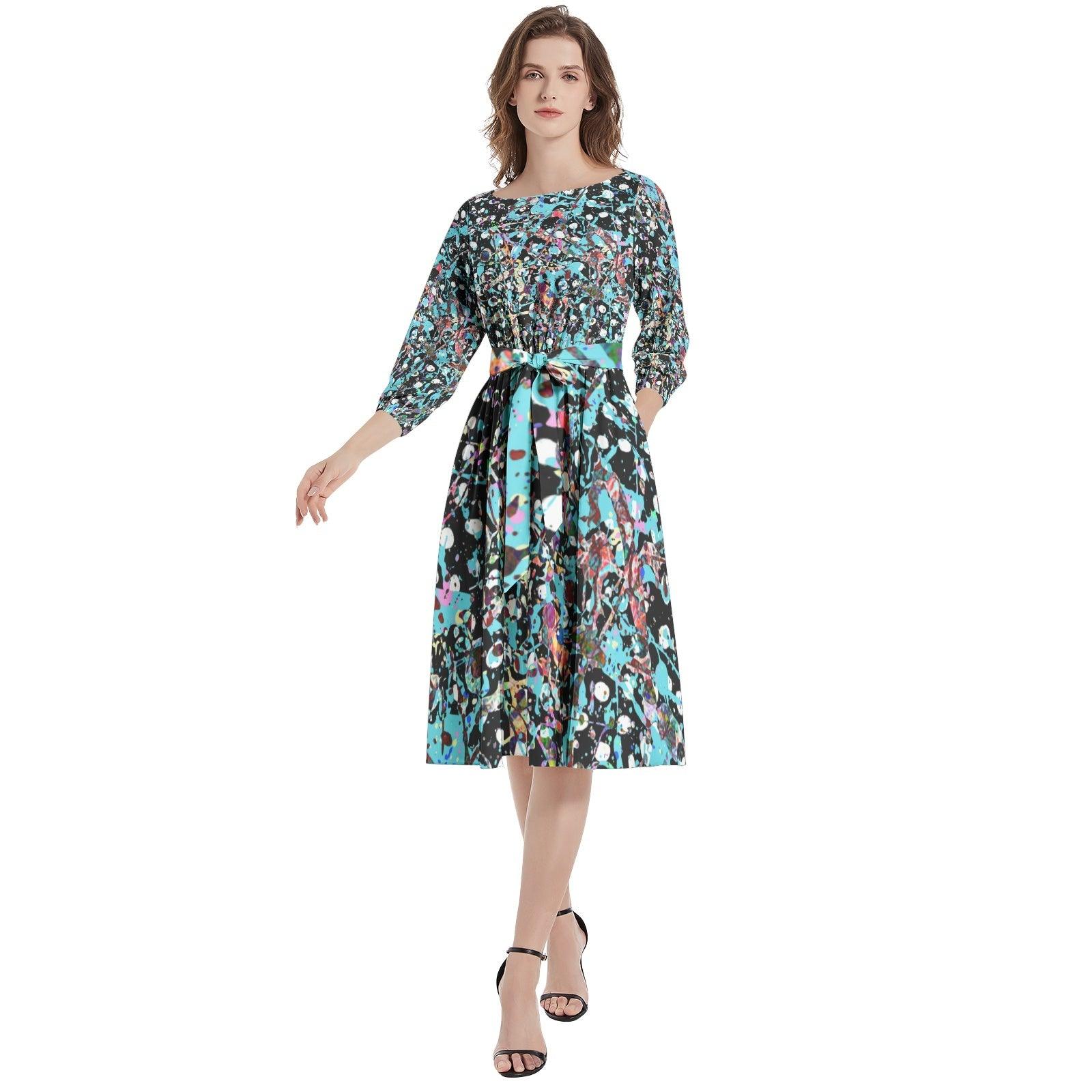 Boat Neck Belted Flared Dress - Elementologie