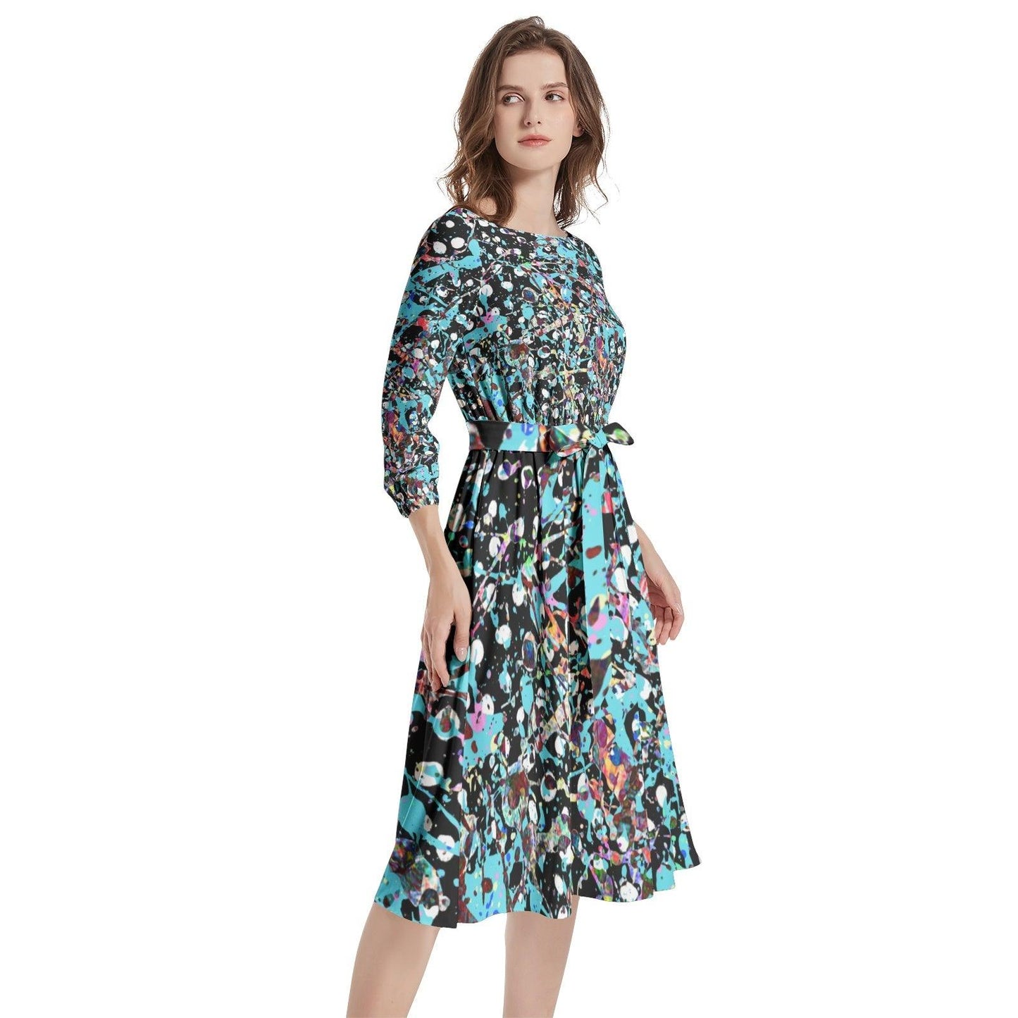 Boat Neck Belted Flared Dress - Elementologie