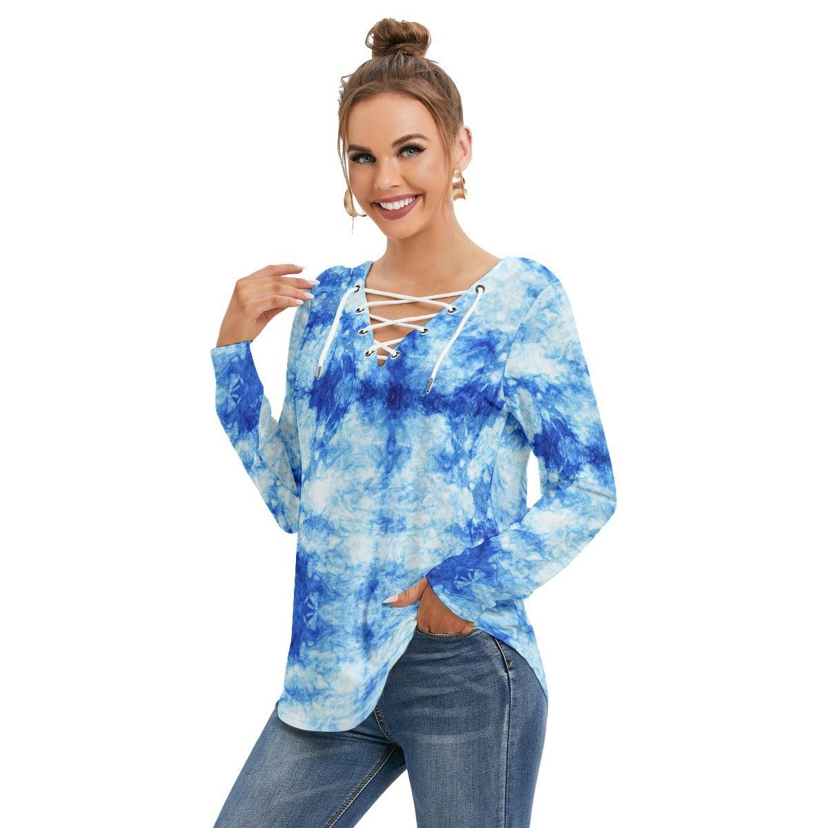 Women's Long Sleeve Neckline Tie Sweatshirt-Blue Tie Dye No,02 - Elementologie