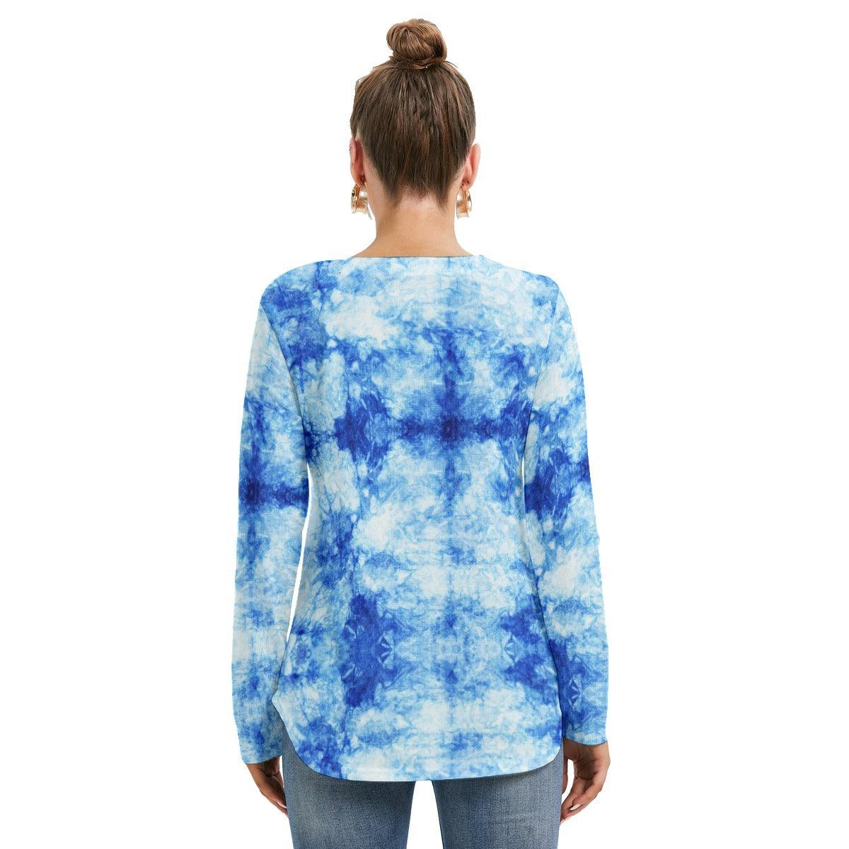 Women's Long Sleeve Neckline Tie Sweatshirt-Blue Tie Dye No,02 - Elementologie