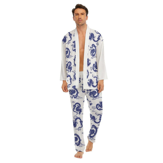 Men's Imitation Silk Pajama Set-Blue Dragons - Elementologie