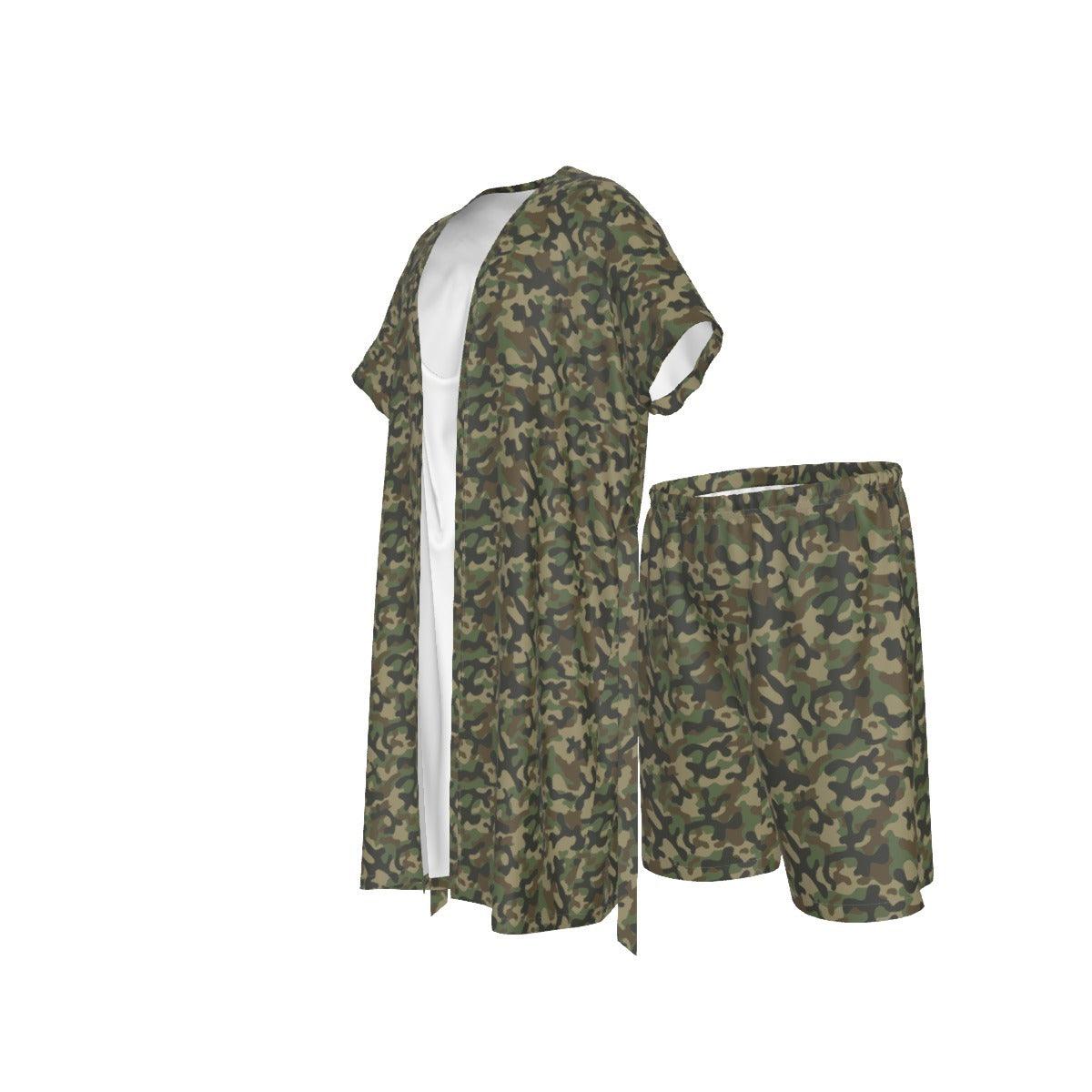 Men's Collarless Faux Silk Pajama Set-Camo - Elementologie