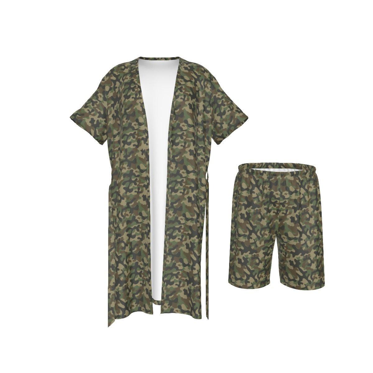 Men's Collarless Faux Silk Pajama Set-Camo - Elementologie