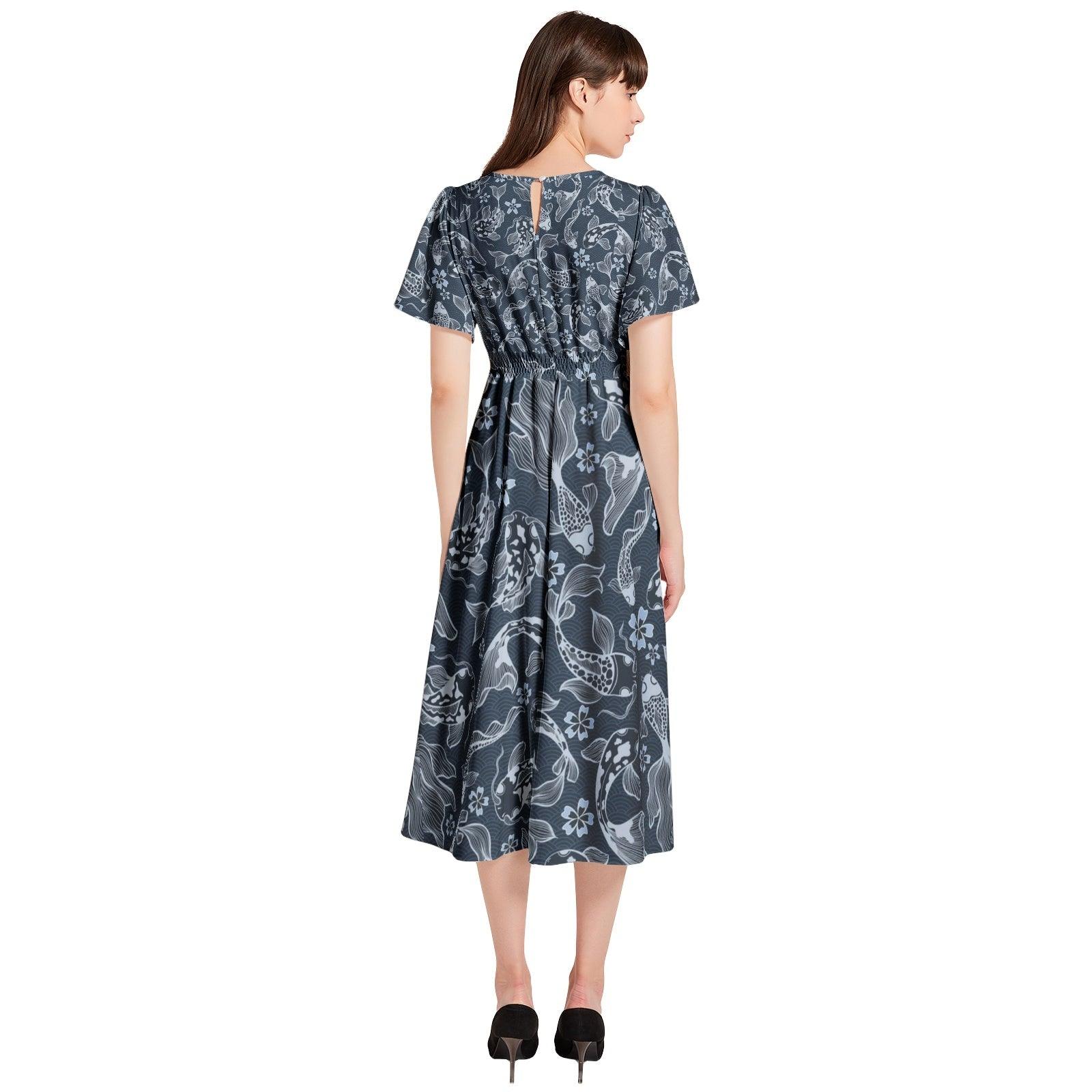 Short Sleeve Shirred Waist Midi Dress - Elementologie
