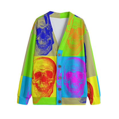 Unisex V-neck Knitted Fleece Cardigan With Button Closure-Skull Pop Art - Premium  from Elementologie - Just $39.99! Shop now at Elementologie