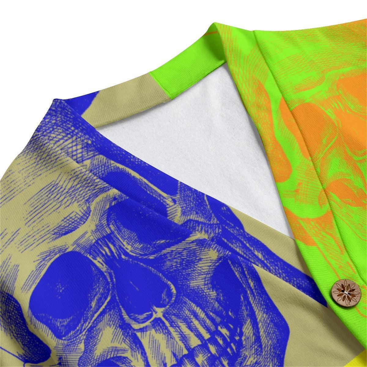 Unisex V-neck Knitted Fleece Cardigan With Button Closure-Skull Pop Art - Elementologie