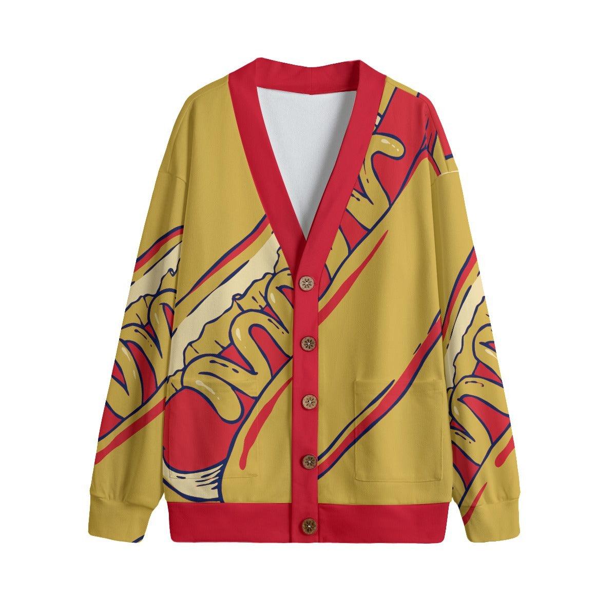 Unisex V-neck Knitted Fleece Cardigan With Button Closure-Hot Dog - Elementologie