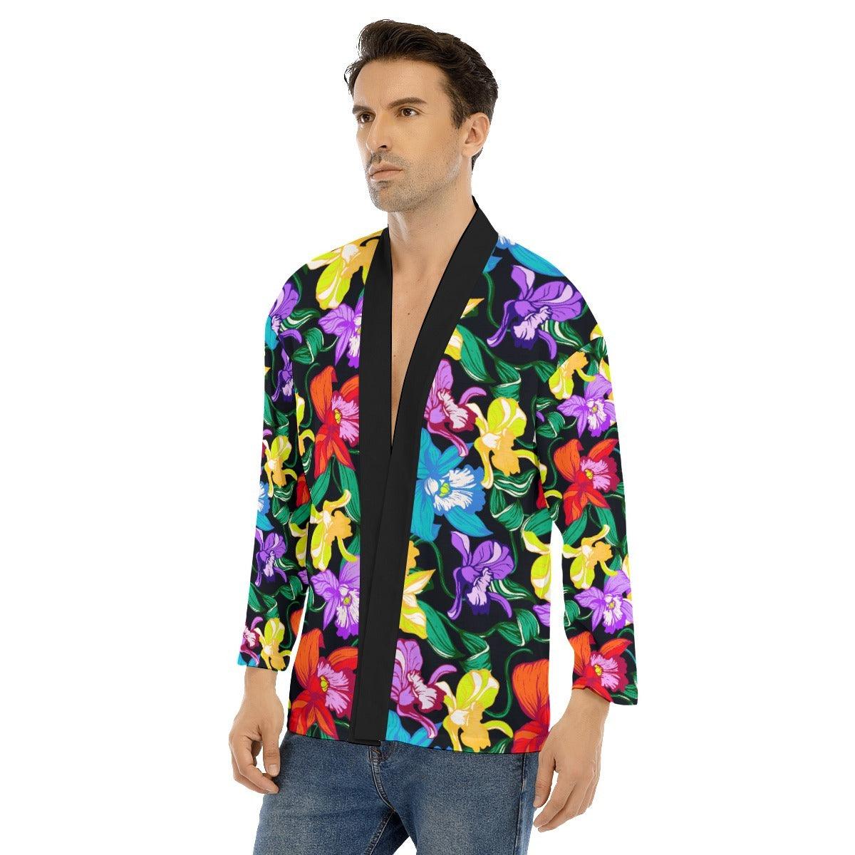 Men's Short Coat With Bracelet Sleeve-Kimono Style-Orchids - Elementologie