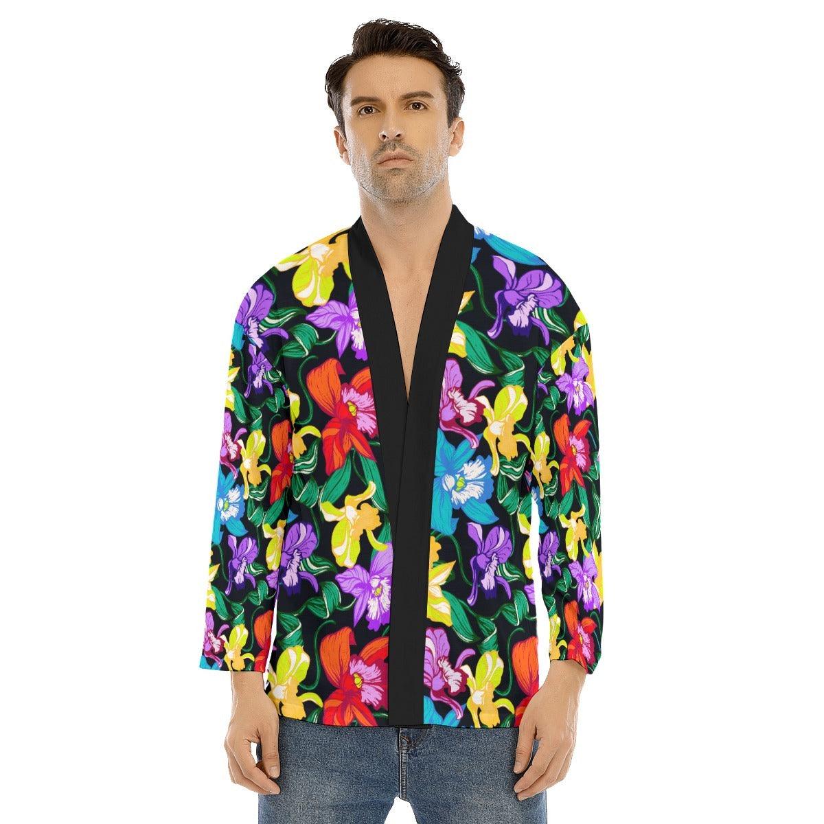 Men's Short Coat With Bracelet Sleeve-Kimono Style-Orchids - Elementologie
