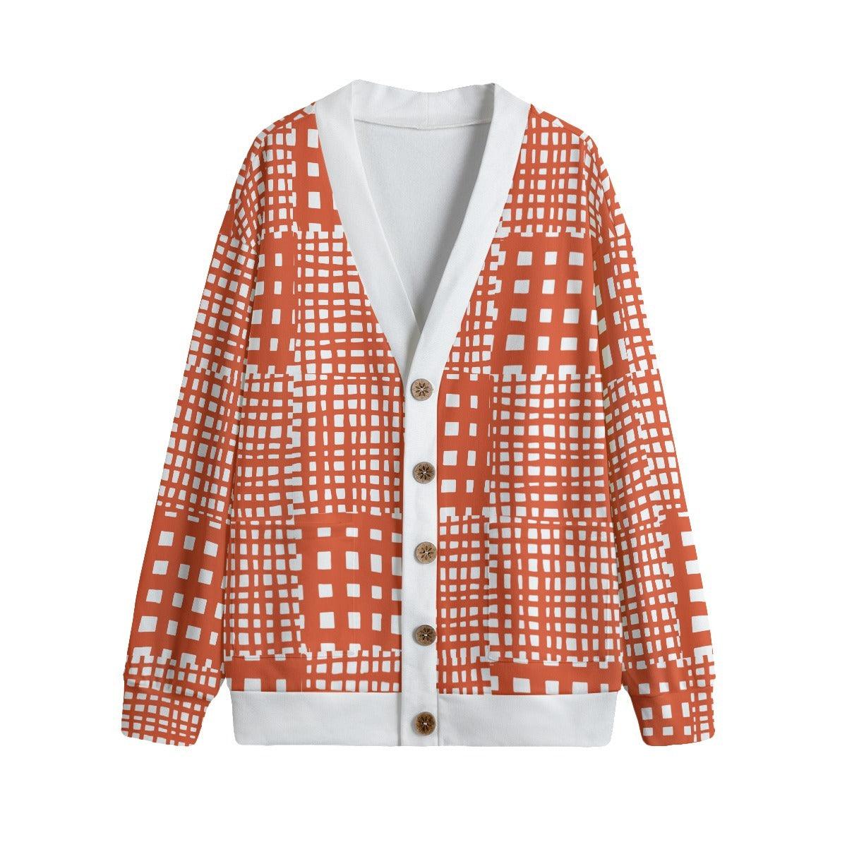 Unisex V-neck Knitted Fleece Cardigan With Button Closure-Red Checks - Premium  from Elementologie - Just $39.99! Shop now at Elementologie