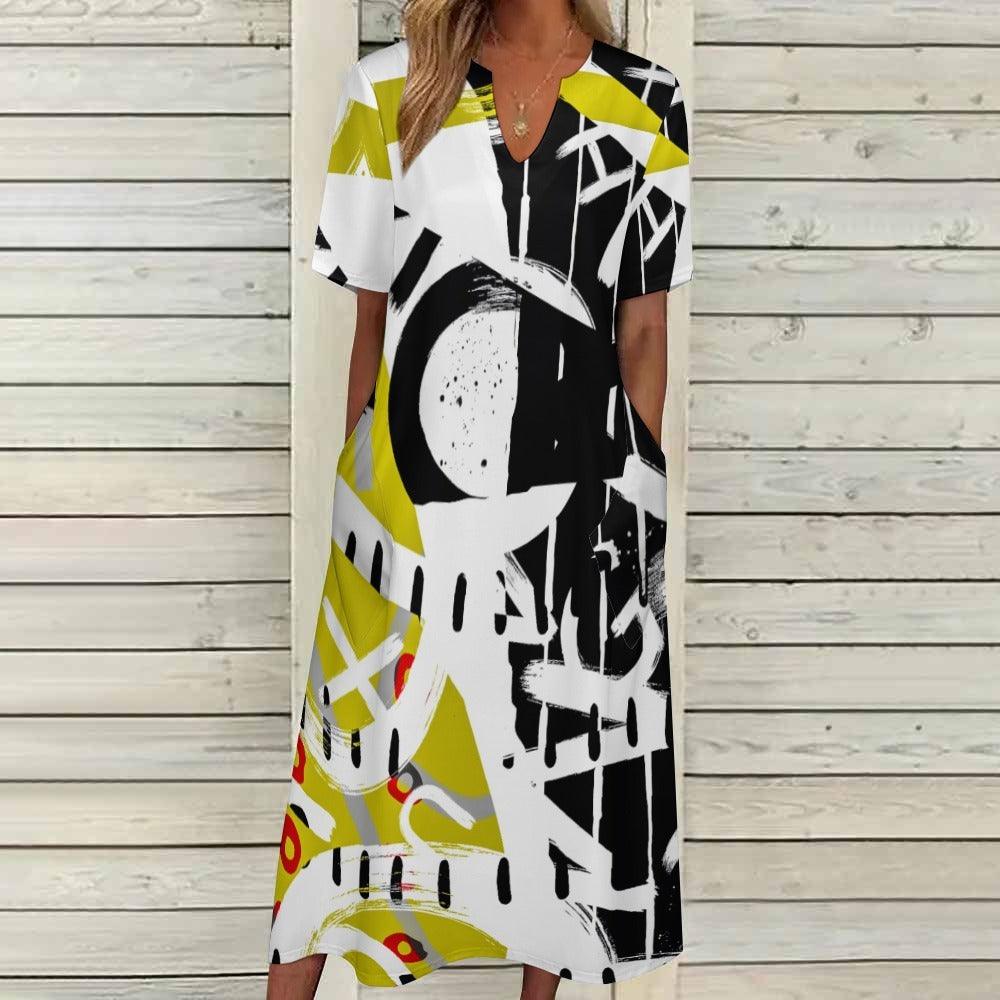 7 Point Sleeve Dress with Pockets-Abstract - Elementologie