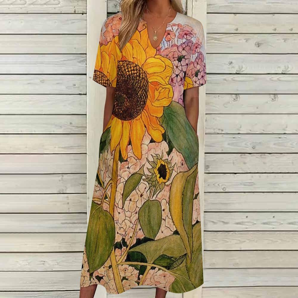 7 Point Sleeve Dress with Pockets-Sunflower Garden - Premium  from Elementologie - Just $32.99! Shop now at Elementologie