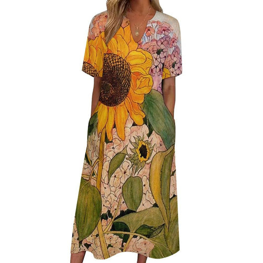 7 Point Sleeve Dress with Pockets-Sunflower Garden - Premium  from Elementologie - Just $32.99! Shop now at Elementologie