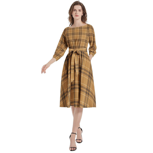 Boat Neck Belted Flared Dress - Premium  from Elementologie - Just $99! Shop now at Elementologie