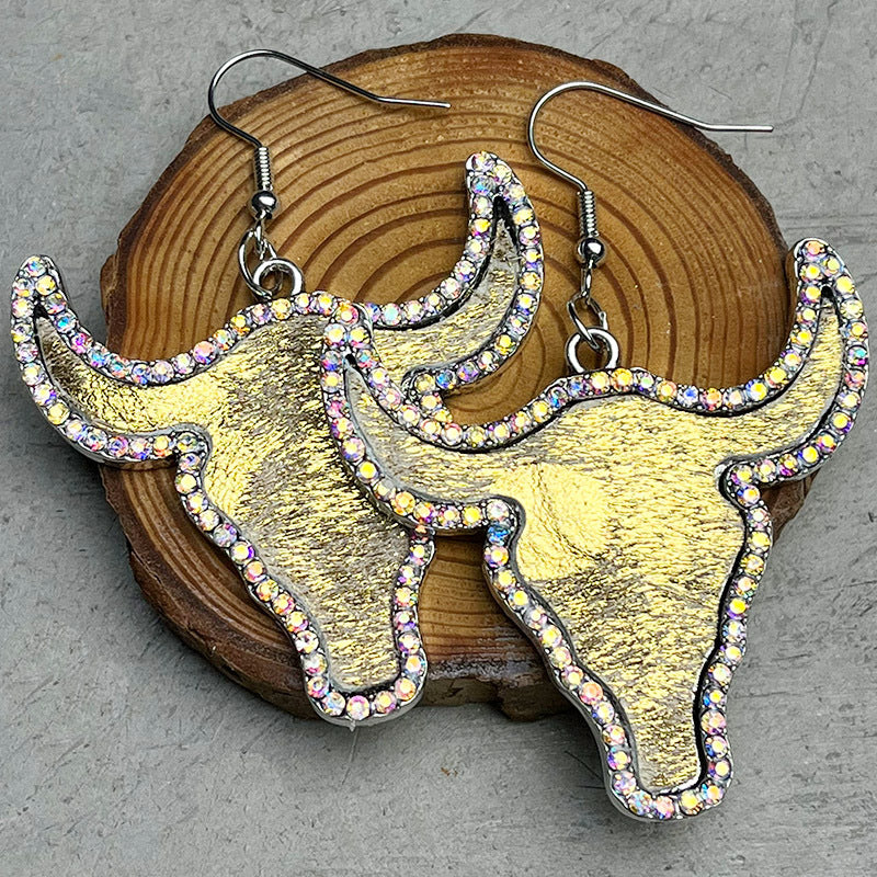 Western Style Rhinestone Bull Earrings with Cowhide Accents